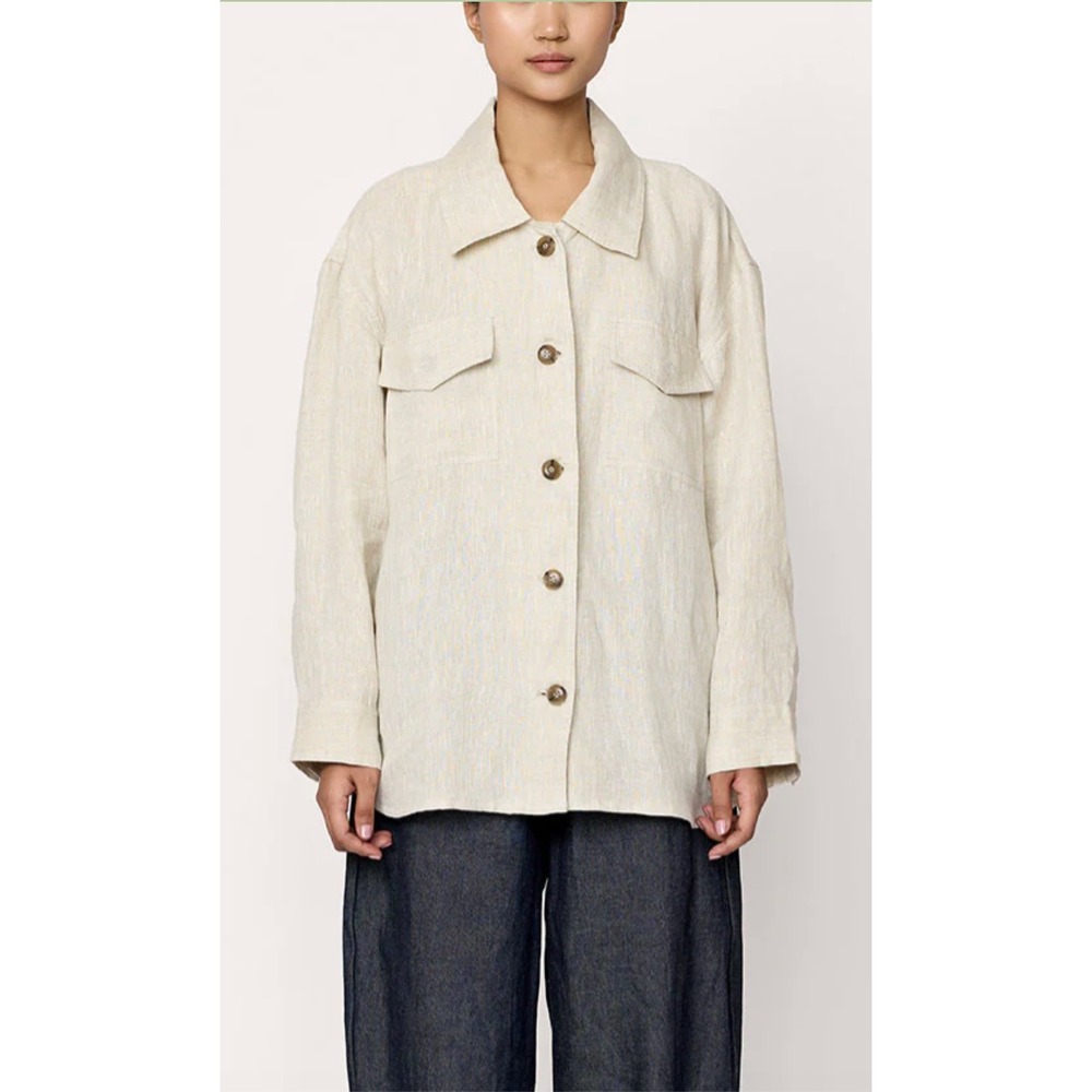 Laude the Label Women L Organic Linen Button Down Shirt Jacket Beige Oatmeal NWT